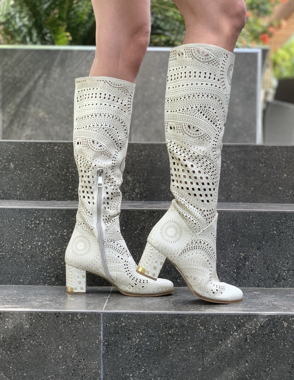 Tall Lasercut Leather Boot - Beige - My Shoe Shop - boot