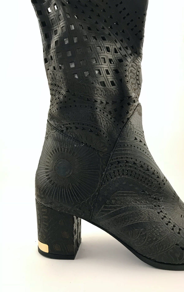 Tall Lasercut Leather Boot - Black - My Shoe Shop - Default