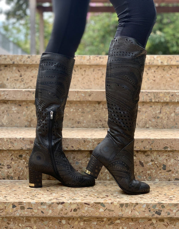 Tall Lasercut Leather Boot - Black - My Shoe Shop - Default