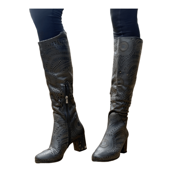 Tall Lasercut Leather Boot - Black - My Shoe Shop - Default