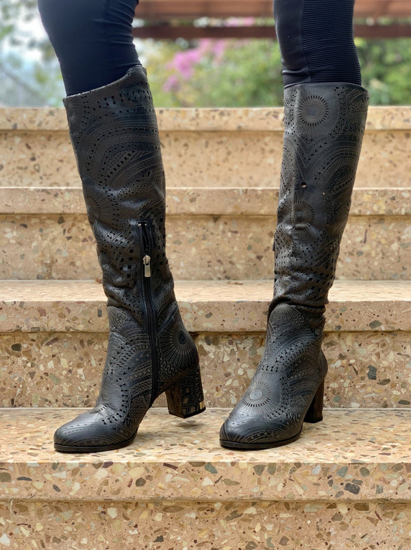 Tall Lasercut Leather Boot - Black - My Shoe Shop - Default