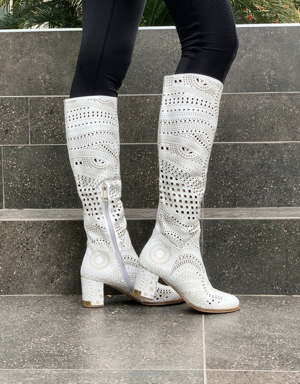 Tall Lasercut Leather Boot - White - My Shoe Shop - boot