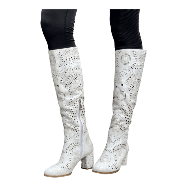 Tall Lasercut Leather Boot - White - My Shoe Shop - boot
