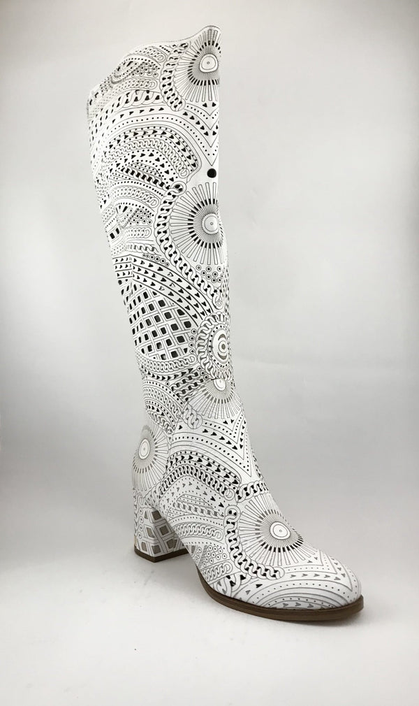 Tall Lasercut Leather Boot - White - My Shoe Shop - boot