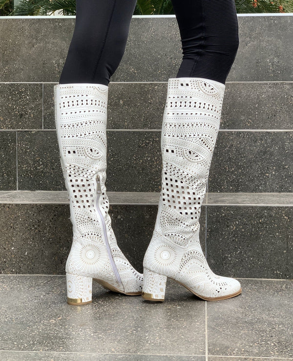 Tall Lasercut Leather Boot - White - My Shoe Shop - boot