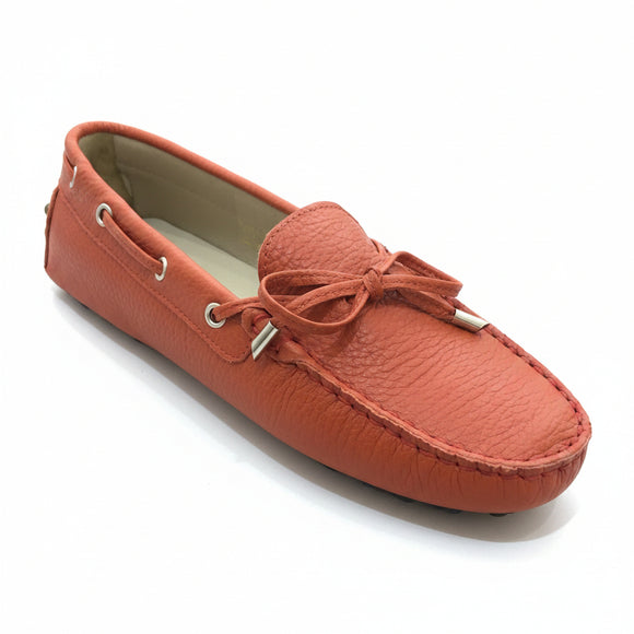 Via Veneto 6026 orange leather moccasin with leather lining and rubber pebble sole.