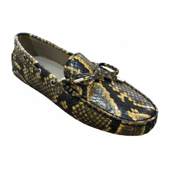 Via Veneto 6026 yellow snake-print leather moccasin with leather lining and rubber pebble sole.