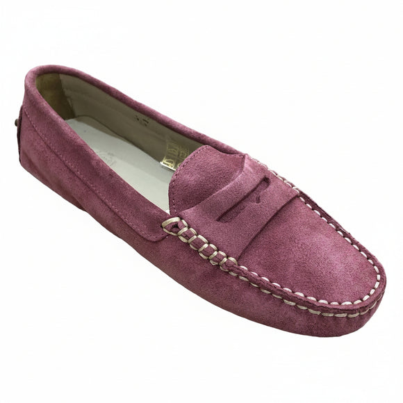 Via Veneto 6166 light cerise suede moccasin with leather lining and rubber pebble sole.