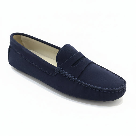 Via Veneto 6166 navy suede moccasin with leather lining and rubber pebble sole.