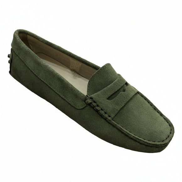 Via Veneto 6166 olive suede moccasin with leather lining and rubber pebble sole.
